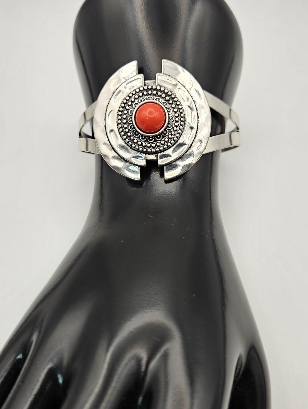 Cuff Bracelet Red Stone Silver Tone Hammered Statement